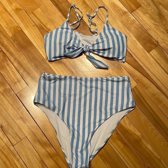 Blooming Jelly blue/white stripe high waist/leg bottom tie center top bikini. Md - Picture 1 of 6